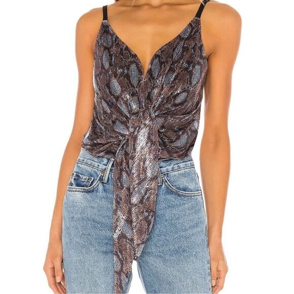 J.O.A Revolve Tie Front Cami Animal Print Sequined Bodysuit Size Extra Small - Picture 1 of 10